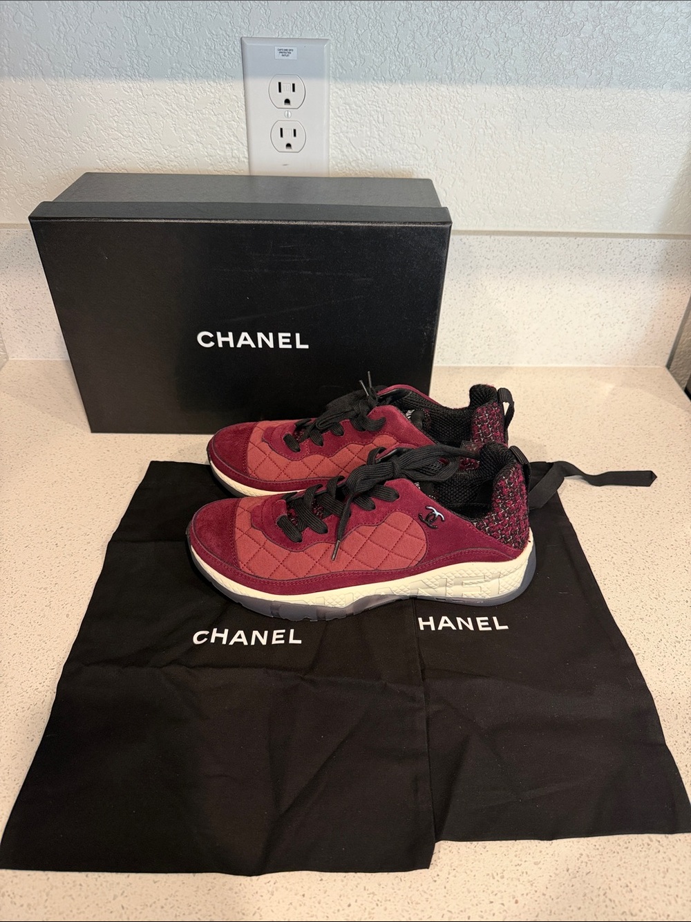 CHANEL Burgundy and Black Quilted Sneakers size eu 39/US 8
